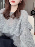 Spring Dress Wearing Hook Flower Hollow Sweater Female Lotus Leaf Side Gray Soft Glutinous Loose Collar Knitting Top