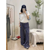 Hidden Blue Lattice Pants Women Summer Lazy Wind Loose Meat Display Thin Leg Trousers