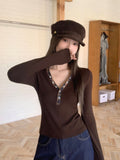 Curry Color Lattice Splicing Colliding Color V Collar With Long-Sleeved T-Shirt Women 2026 Autumn New Half-Open Bottom Shirt Top