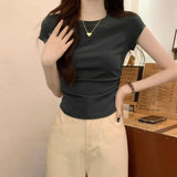 2026 Summer New Dopamine Light Blue Collar Front Shoulder Short Flying Sleeve T-Shirt Folds To The Waist Thin Top Lady