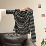 Coffee Color Korean Slanted Shoulder Collar Long-Sleeved T-Shirt 2026 Autumn Bottom Folded Thin Inside Top