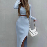 Hot Women's Clothing Solid Color Knitted Long-Sleeved T-Shirt Set Half-Body Fork Bag Hip Skirt Two