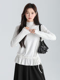 White Half-High Collar Wood Ear Wave Point Long Sleeve Lace T-Shirt Inside The Autumn And Winter Loose Top Lady