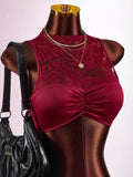 New Solid Color Body Sexy Hot Lace Hollow Sleeveless Short Top Coat Ass Skirt Suit Woman