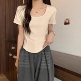 Positive Shoulder Short Sleeve T-Shirt Girls Summer Slime Under The Irregular Curves Under The Short Skinny Fish Bone Cotton Top