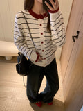 Vintage Round-Neck Stripe Splicing Long-Sleeved Knitted Cardigan Women's Fall 2026 Loose Thin Sweater Jacket