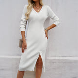 Dili 2025 Autumn And Winter Women's Sexy Body Repair V-Neck Open Fork Sweater Dress