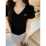Korean Popular Dopamine Wearing Short-Sleeved T-Shirts For Women's Summer New Bow Embroidery Design Small Blouse