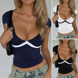Dili 2025 Spring/Summer Y2K Short-Sleeved Top Women's Sexy Knitted Black And White Bumper T-Shirt