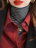 De-Hing Pile Collar Striped Bottoming Shirt Women's Long Sleeve 2025 Autumn And Winter 2025 New Set-Up Warm Top T-Shirt