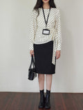 New Retro Temperament Wave Dot Round Neck Long-Sleeved Top Woman Irregularly Tied Belt Waist Shirt
