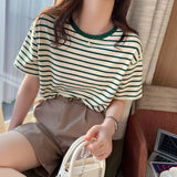 Summer Striped Short-Sleeved Women's T-Shirt 2026 New Pure Cotton Loose Tops Only Special Shoulder Half-Sleeve