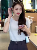 Thin Ice Silk Knitted Women's 2025 New Summer Design Hollow Bare Back Knitted Short-Sleeved Top Women Summer