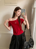 Sweet Spice Girl Embroidered Slanted Shoulder Short Sleeve T-Shirt Women's Summer New Two Bars Designed To Show Skinny T-Shirt