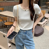 Striped Short-Sleeved T-Shirt Girls Summer Niche Design Splicing Against The Color Of The Hot Girl Pure Lust Wind Is Shoulder Tight Small Clothes