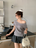 Lazy Sloping Slanted Shoulders Short-Sleeved Women 2026 Summer New Gray Leisure Loose Temperament T-Shirt Top