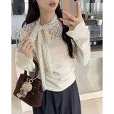 French Lace Yarn Half-High-Neck Long-Sleeved Bottom Shirt Women's Autumn And Winter New Hollow Tying Temperament Top