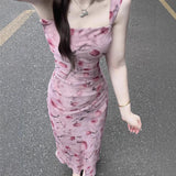 Pink Flowers Hanging Dress Dress Women Summer Tea Break French Temperament Beautiful Fairy Dress Waist Thin Dress