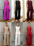Women's Fashion Gold Buttoned Vest Trousers Two-Piece Casual Suit Women