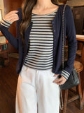 Korean Version Of The Color Stripe Splicing Two Long-Sleeved T-Shirts Early Autumn Collar Design Feeling Tie-Up Shirt