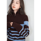 Striped Half-Zip Collar Collar Hooded Sweater Jacket Women's Autumn/Winter 2025 New Lazy Wind Wears Long-Sleeved Knitted Shirt