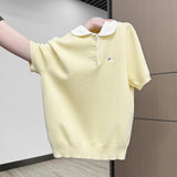 Super Nice Cute Embroidery POLO Collar Knitted Shirt Summer New Button Hood Repair On The Shoulder Short Sleeve Top