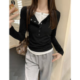 Fake Two Half-Necked Shoulder Long-Sleeved Bottom Shirt Women Autumn Slimming T-Shirts With A Chic Beauty Top