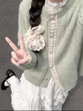 Green Lace Design Knitted Sweater Cardigan Women 2025 New Spring And Autumn Literature Retro Lazy Coat Top