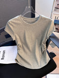 Pure Cotton Shoulder Round Collar Short-Sleeved T-Shirt Women's Summer Design Sense Of Niche Folding Waist Irregular Blouse Tide