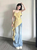 Designing A Sense Of Yellow Lattice Loaf Side Sling Female Summer Hottie Wear Long Irregular Ribbon Sleeveless Top