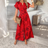 Dili 2025 Spring And Summer Printing Leisure Holiday Bream Short Sleeves Wide Legs Long Pants Women's Clothing