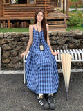 Blue Lattice Loose Sling Dress Women 2026 Summer New Sweet Thin Swing Skirt Mid-Long Skirt