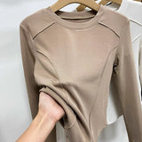 European Goods Autumn And Winter Grinding Thick Bottom Shirt Women Long Sleeves With Shoulder T-Shirt Design Thin Velvet Top Design