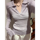 Purple Polo Collar Design Long-Sleeved Bottom Knitted Shirt Women Take Early Autumn Chic Age Reduction Top