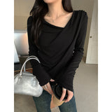 French Style Collar A Word Knitted Bottom Shirt Long-Sleeved Women Autumn And Winter Oblique Angle Shoulder Wrinkle Inside A Beautiful Top