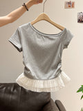 Red Oblique Shoulder Bow Design Sense Short-Sleeved T-Shirt For Women's New Lace Lace Splicing Tops In Summer 2026