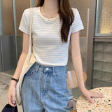 Striped Short-Sleeved T-Shirt Girls Summer Niche Design Splicing Against The Color Of The Hot Girl Pure Lust Wind Is Shoulder Tight Small Clothes