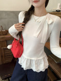 Ballet Style White Lace Hem With Grinding Long-Sleeved T-Shirt Autumn And Winter New Bottom Shirt For Women
