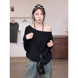 Pure Desire A Word Shoulder Cotton Oblique Shoulder Long-Sleeved T-Shirt Women's Autumn And Winter Loose Bottom Shirt Lazy Chic Beauty Top