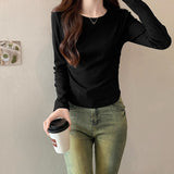 Flower Ash Slim Long-Sleeved Soft-Gripen Mask T-Shirt Women In Early Autumn New Solid Color Folding Thin Design Top