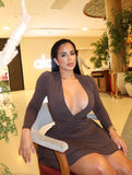 New INS Fashion Sexist Deep V Temperament Mature Solid Color Waist Design Dress Dress