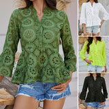 Dili 2025 Spring And Summer Top Women's Casual Holiday Style Solid Color Hollow V-Neck Seven-Sleeve Shirt