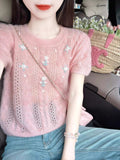 Korean Version Of The Design Sclenient Hook Flower Short-Sleeved Knitted Shirt For Women's Summer New Loose Gentle Wind Pink Age Reduction Top