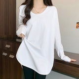 White U-Neck Bottom Shirt Women's Spring And Autumn New Design Sense Of Small Irregular Opening Long-Sleeved T-Shirt Top