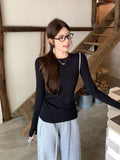 Blue Round Collar Shoulder Foundation Long-Sleeved Bottom Shirt Women 2026 Autumn Simple Set Slim Top