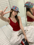 Red V-Neck Button Wearing Sling Vest For The Summer Women's New Sleeveless Repair Body To Cover The Back Of The Top