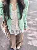 Mint Green Roll-Up Knitted Cardigan Sweater Coat Woman New Spring And Autumn Soft Glutinous Early Autumn Outside The Top