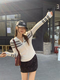 Grey Striped Collar Knitted Long-Sleeved T-Shirt Women Wear A Repair Button In The Autumn And Winter Of 2026 To Hit The Bottom Of The Top