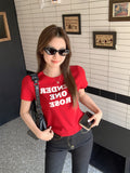 Red Lazy Wind Shoulder Short Sleeve T-Shirt 2026 Summer New Round-Neck Letter Print Loose Thin Top