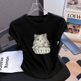 Pure Cotton Short-Sleeved Female Design Sense Niche Cat Print Short-Sleeved T-Shirt Summer Body Straight Shoulder Chic Beautiful Top